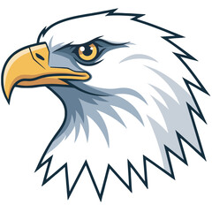 Clean vector illustration of a bald eagle head in profile, featuring white feathers, yellow-orange beak, and intense golden eye. Bold, stylized design ideal for a mascot, logo, or sports team emblem.
