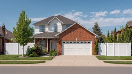 Suburban Brick Home with White Vinyl Fence and Two Car Garage on a Sunny Day