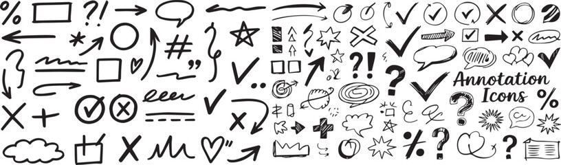 Vector swoosh brush underline set doodle, hand drawn, black and white, design elements, vector, arrows, stars, speech bubbles, hearts, exclamation mark, sparkles, swirl, spiral. eps file.
