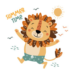 Flat vector illustration in a simple children's style. Cute lion in swimming trunks and inscription summer time. Vector illustration