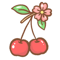 Two Cherries with blossom stem, kawaii fruit clipart, cute sakura cherry design, spring aesthetic, pink flower and fruit, Japanese style, digital sticker, pastel nursery art