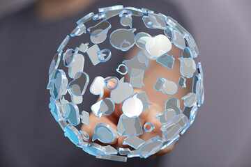 Abstract image depicting a sphere of interconnected speech bubbles, symbolizing global...