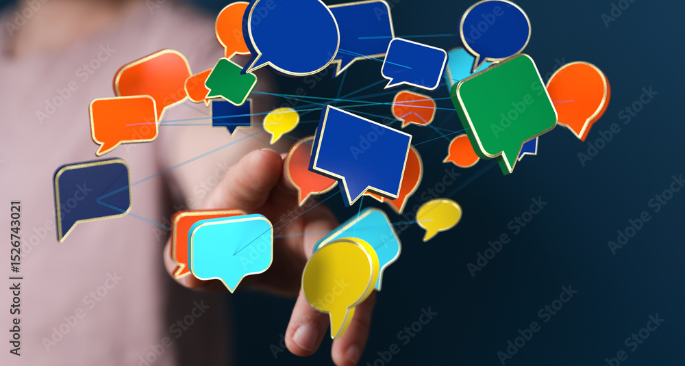 Poster Colorful speech bubbles illustrate global communication and networking.