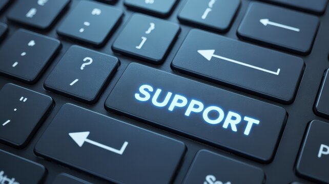 Glowing support key on keyboard representing digital customer assistance and IT help desk.