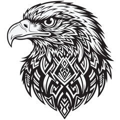 Highly detailed black and white vector illustration of an eagle head in profile, with intricate feather linework and a stylized tribal/geometric pattern on its neck. Powerful and artistic design.