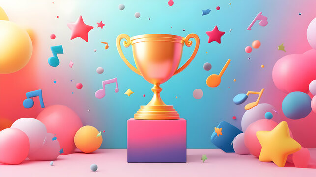 Gold Trophy on Pink Cube with Pastel Balloons and Music Notes - Powered by Adobe