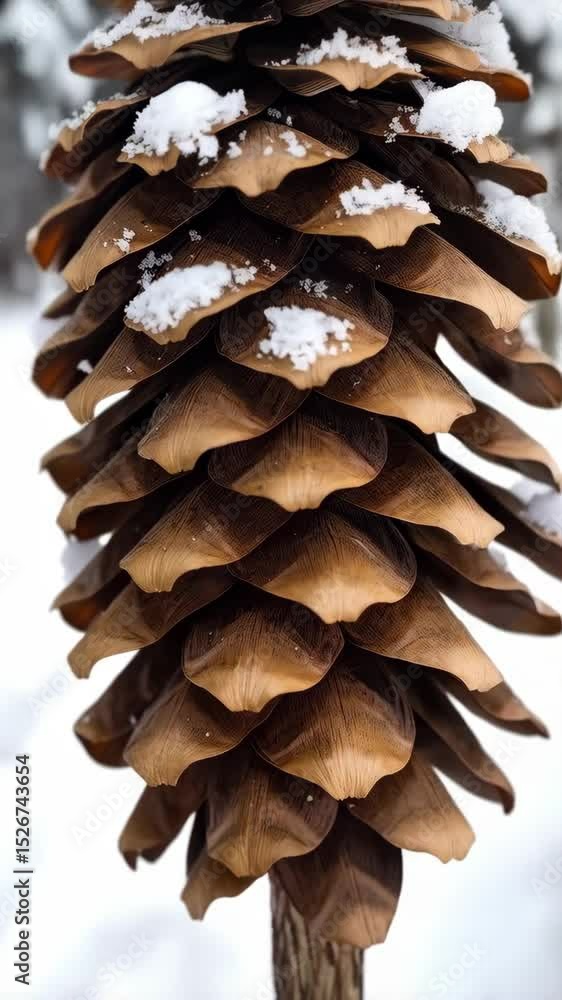 Aufkleber close-up vertical macro image featuring a brown pinecone with snow clinging to its scales in an outd