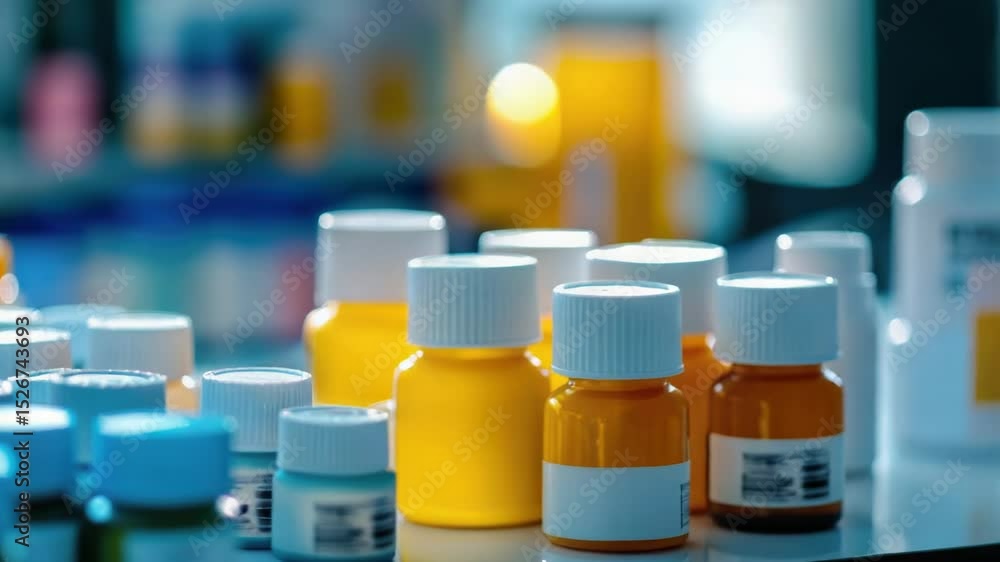 Poster multiple medication bottles on display.