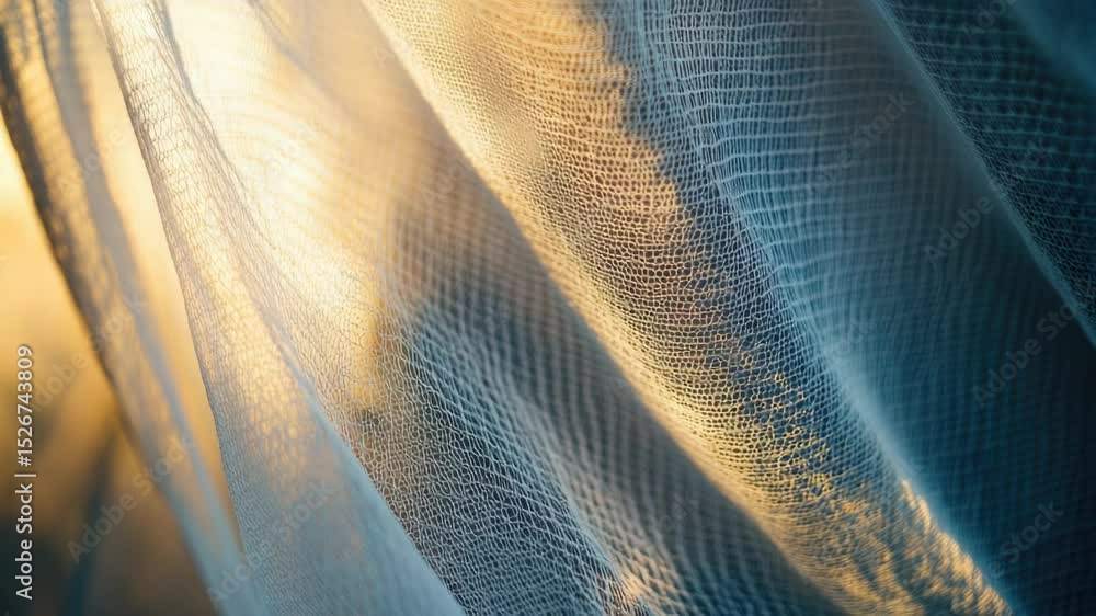 Poster a close-up shot of a curtain with sunlight shining through, ideal for use in interior design or arch