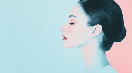 Fototapeta premium Serene profile of a woman against a pastel background