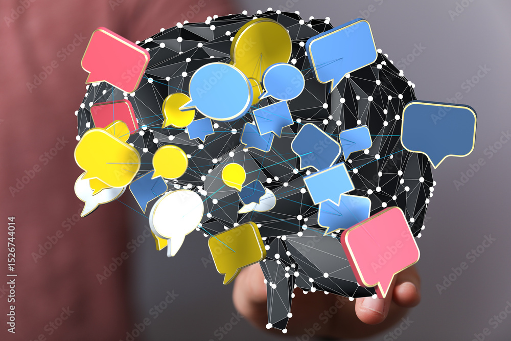 Leinwandbilder Abstract image of a brain with interconnected speech bubbles, symbolizing communication and networking.