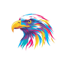 Vibrant, dynamic vector illustration of an eagle head in profile, bursting with rainbow colors. Expressive design with sharp lines and intense eye, conveying powerful energy and artistic flair.