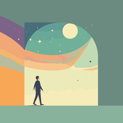 Obraz premium Surreal dreamlike landscape with man walking through portal into cosmic sky, abstract journey and self-discovery vector illustration