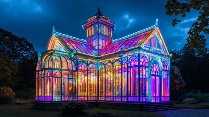 Beautiful building with colorful stained glass windows glowing at night.