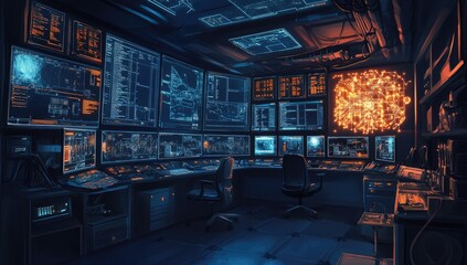 Dark, futuristic control room with numerous monitors displaying complex data