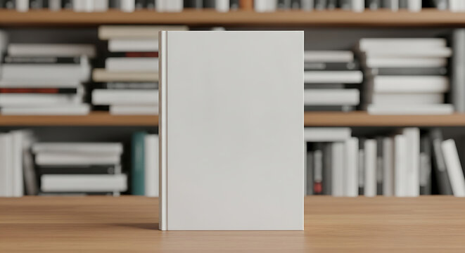 Blank book standing on wooden table against bookshelf background  mockup white book cover stands on table  helf with books