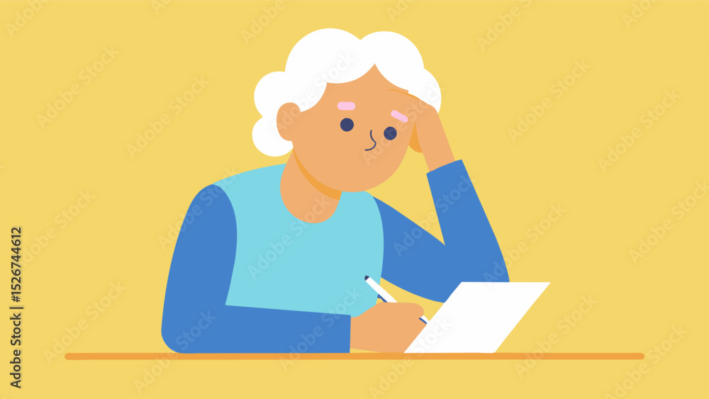 Poster an elderly person sits with an empty notebook the frustration apparent on their face as they struggl