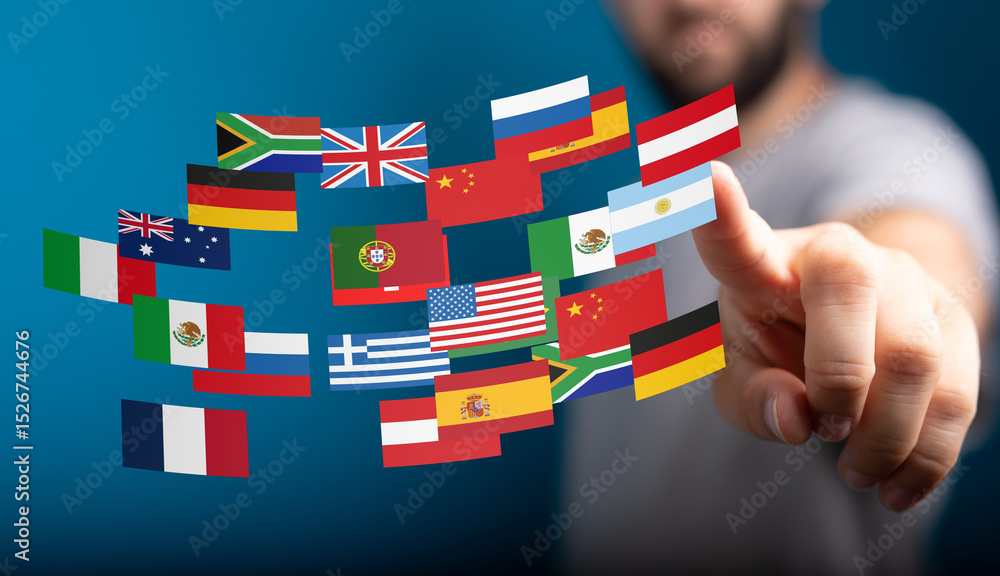Poster Image of a person interacting with digital flags representing international business and globalization.