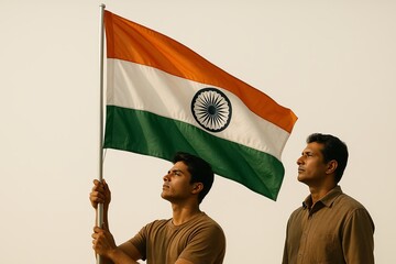 Two Indian men holding national flag upright against pale backdrop, symbolizing respect, brotherhood and unity for India's Independence Day