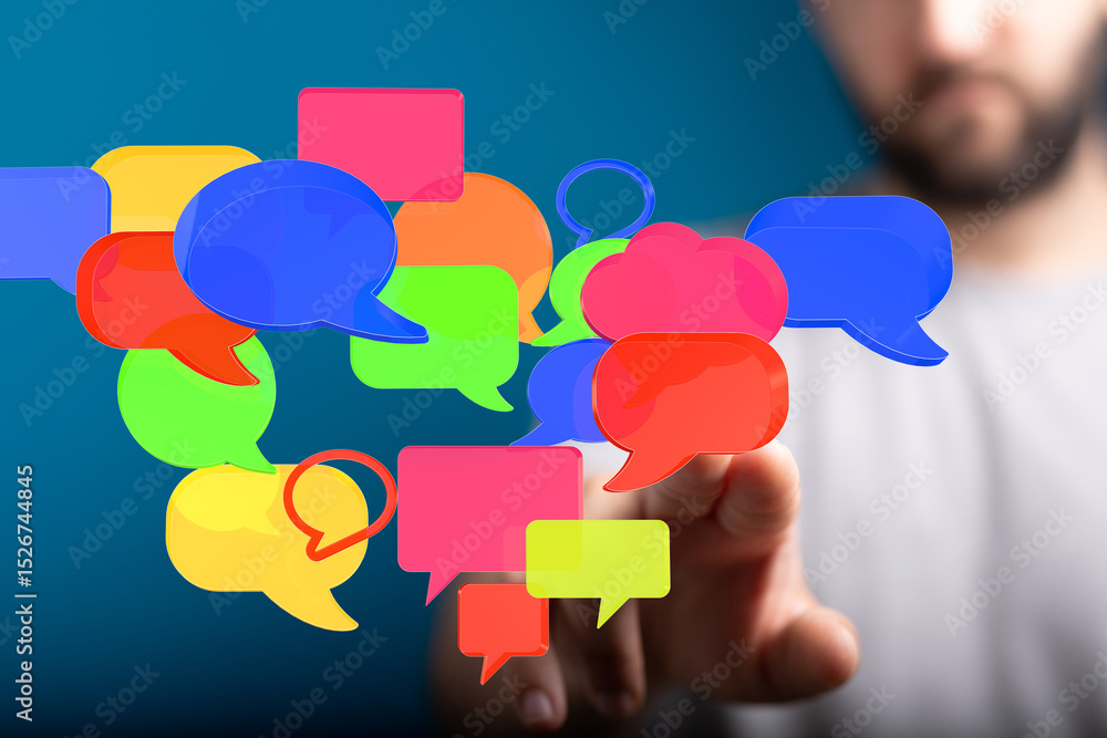 Poster abstract image of colorful speech bubbles, representing communication, social media, and online inte