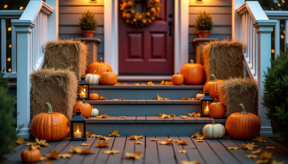 Halloween background. Festive Halloween porch with orange pumpkins and seasonal decorations