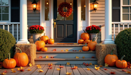 Obraz premium Halloween background. Halloween porch background with pumpkins, hay bales, and fall leaves