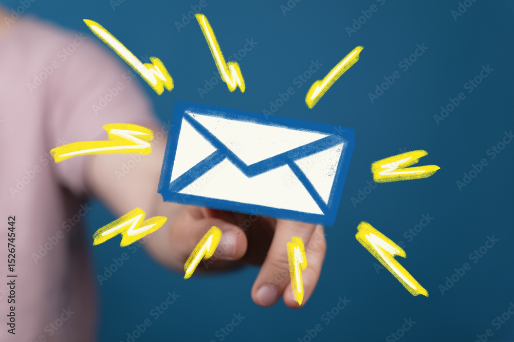 Aufkleber close-up of a hand presenting a digital email icon, symbolizing online communication and messaging.