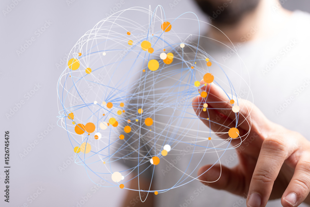 Leinwandbilder Abstract image of a hand interacting with a digital network, representing global connections and data flow.