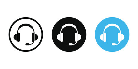 Three minimalist circular icons featuring centered headsets with earcups & mic cord. Clean design in black, white, and light blue on white background. Ideal vector graphic for customer service.