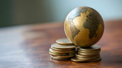 Golden Globe Resting on Stack of Coins on Wooden Surface