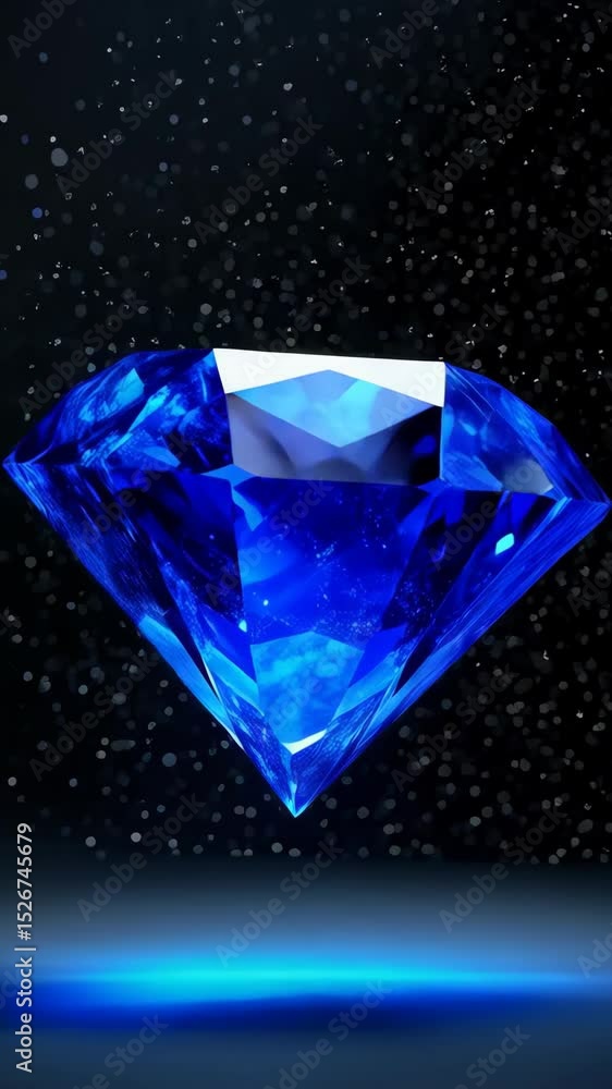 Poster brilliant large blue diamond gem gemstone sparkling on shiny reflecting surface with bokeh and parti