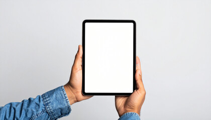 Hands Holding Tablet with Blank White Screen Versatile Mockup for Technology Presentations