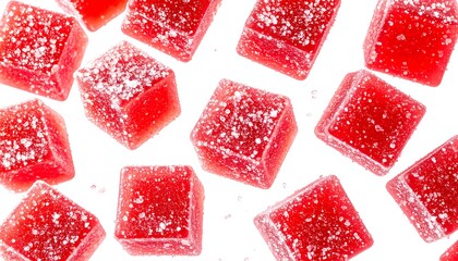 Red sugared jelly cubes with food texture.