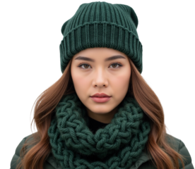 Young woman wearing green knitted beanie and matching scarf, exuding calm and confident expression. cozy attire suggests chilly environment