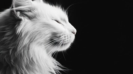 Serene profile of a longhaired white cat against a black background