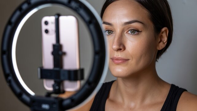 Caucasian female adult vlogger using smartphone with ring light for video content creation