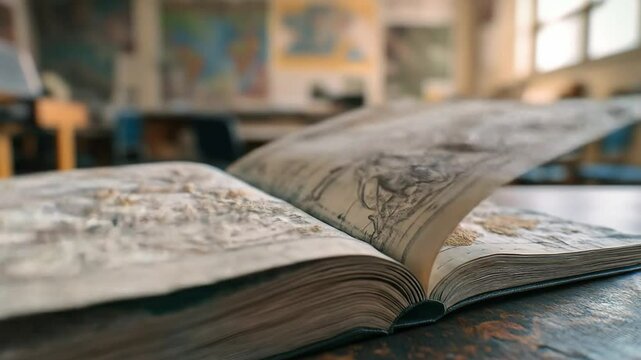 Book with turning pages revealing world maps
