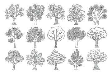Set of Fifteen Different Trees in Doodle Style Black and White Vector Illustration for Coloring Books and Creative Projects with Nature Elements