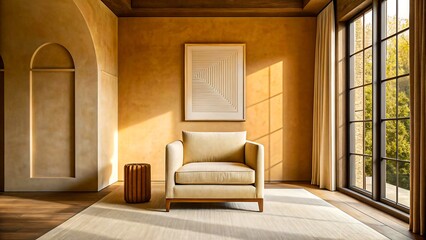 Elegant sunlit living room featuring a beige armchair natural textures and architectural details gold walls