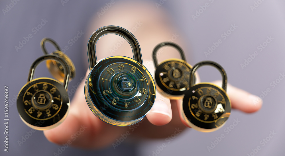 Poster Image of multiple combination locks, symbolizing data protection and online security.