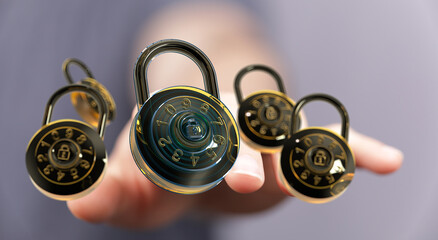 Image of multiple combination locks, symbolizing data protection and online security.