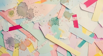 Colorful confetti-like paper scraps scattered with ink splatters.