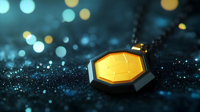 Golden Octagonal Pendant Necklace on Dark Glittering Surface