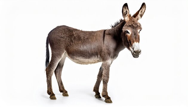 Brown Donkey Isolated, Profile View, White Background, Farm Animal