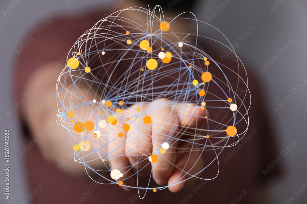 Aufkleber Abstract image of a hand interacting with a network of interconnected nodes, representing global connectivity and data flow.
