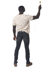 back view of a standing man painting something imaginary