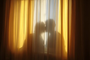 Curtain with light yellow and white colors, sunlight shining through the curtains, silhouette of two people kissing in front of it, bedroom background