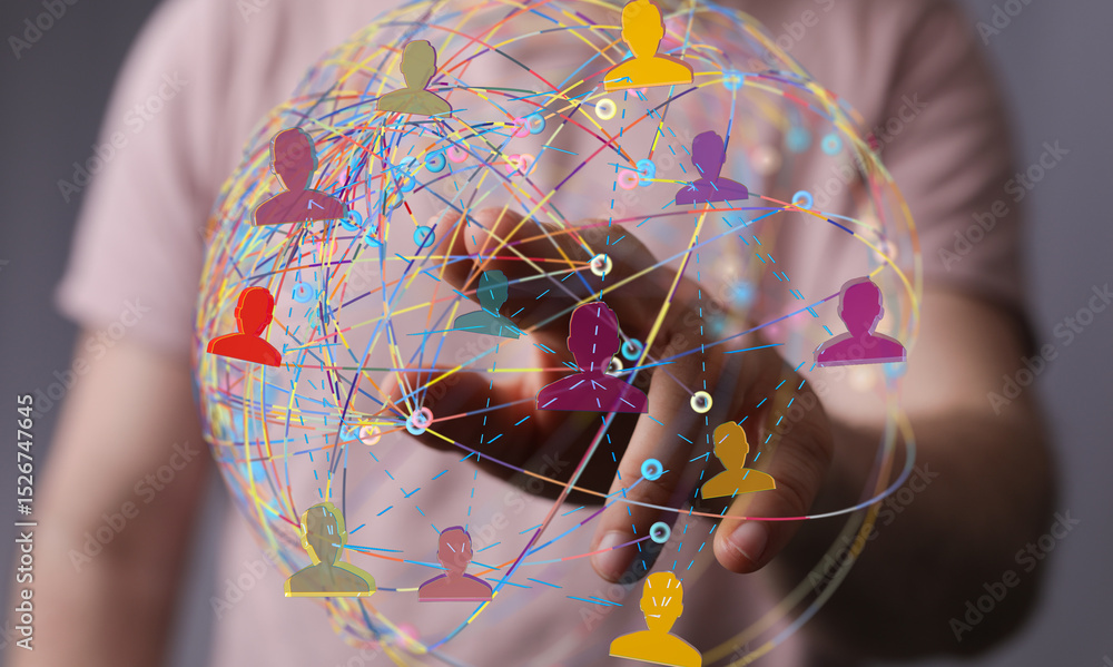 Poster Image of a hand interacting with a global network of interconnected people.