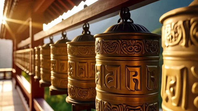 Golden prayer wheels in a row at a temple create a serene and spiritual atmosphere with intricate details and calming sunlight.