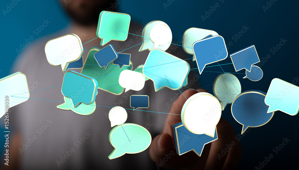 Poster Abstract image of interconnected speech bubbles, representing global communication and networking.